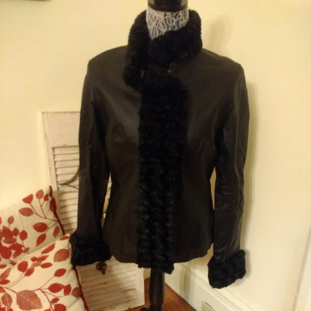 Vintage Real Leather Faux Fur Trim Jacket